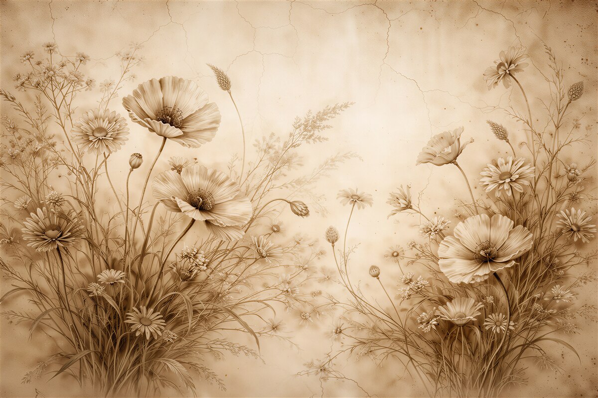 Fototapeten Sepiafarbene Wiese mit Wildblumen