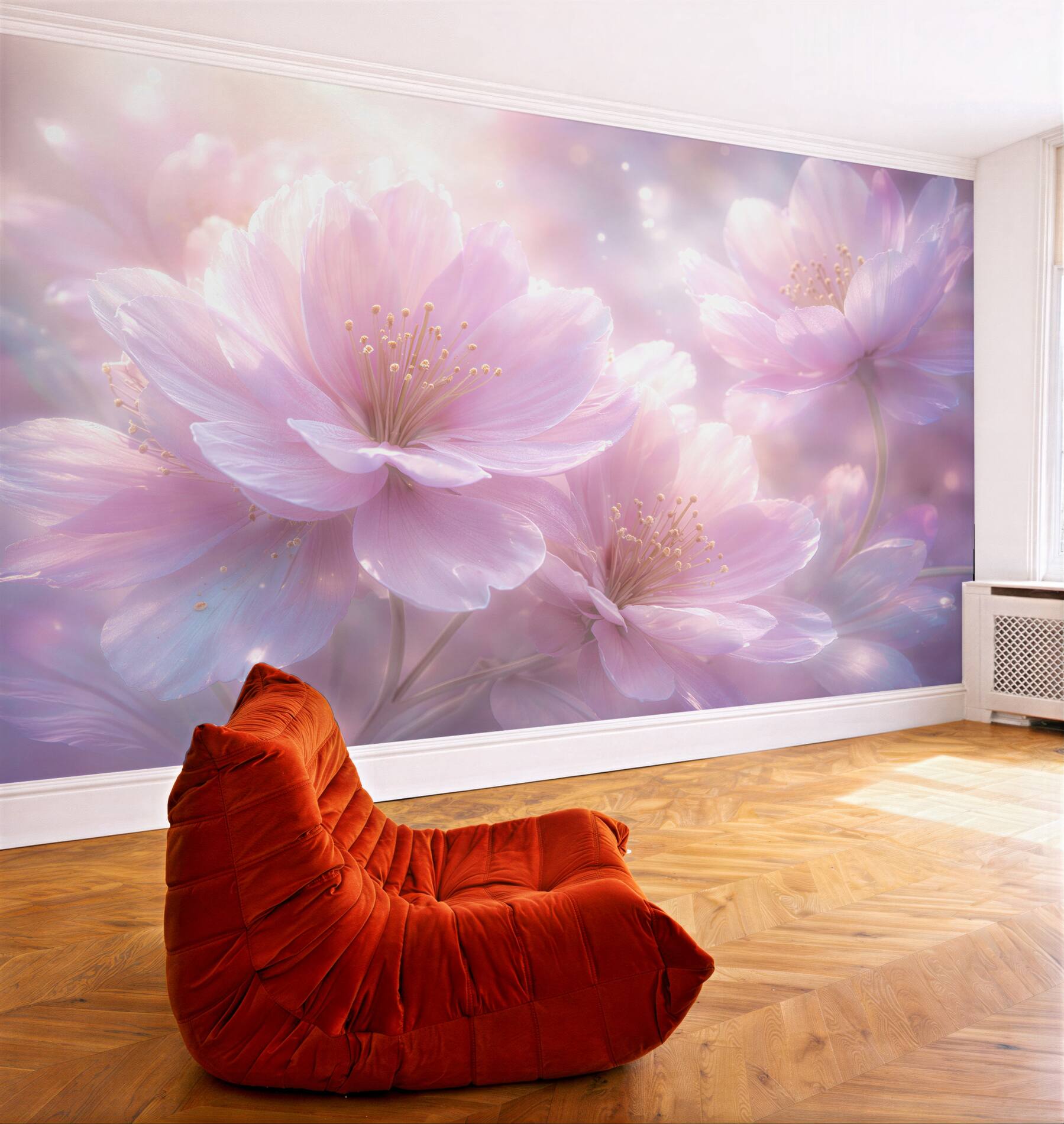 Fototapeten Märchenhafte rosa Blumen im Morgengrauen