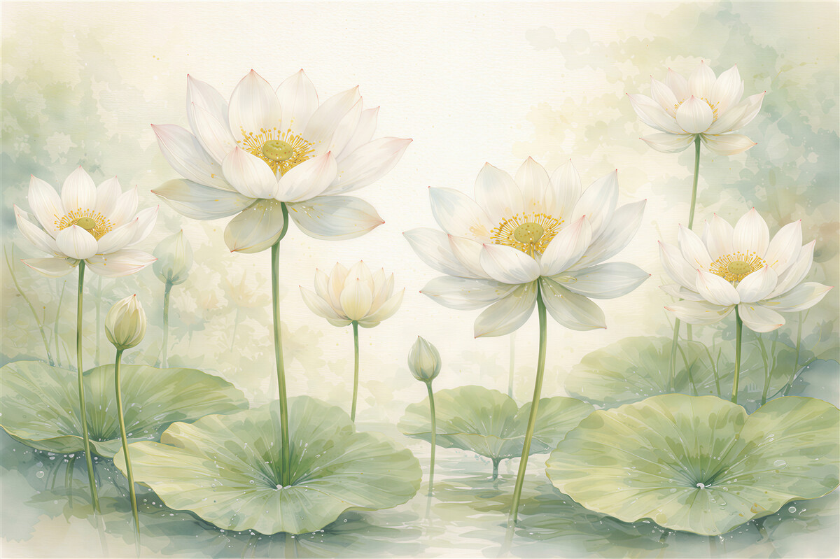Fototapeten Weiße Lotusblüten im Aquarellteich