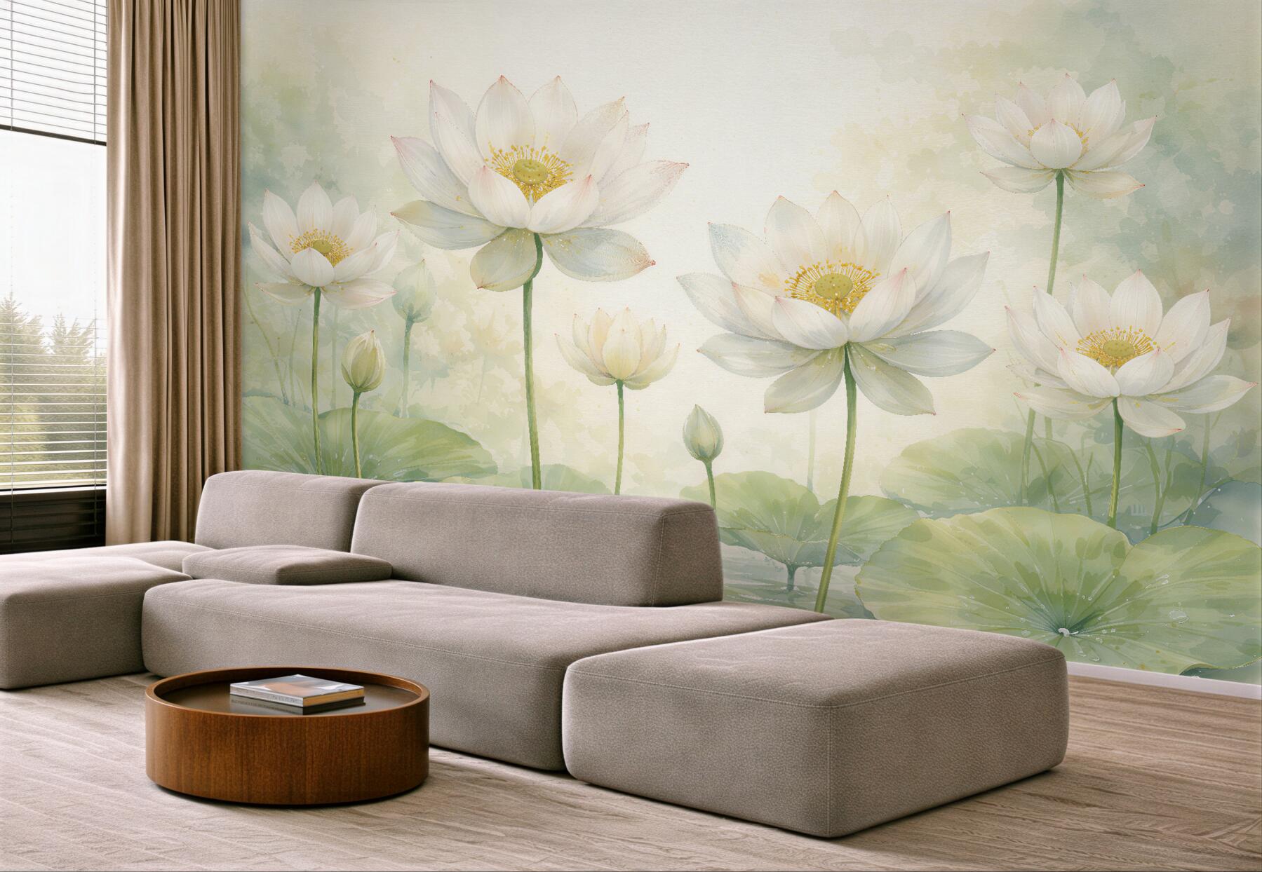 Fototapeten Weiße Lotusblüten im Aquarellteich