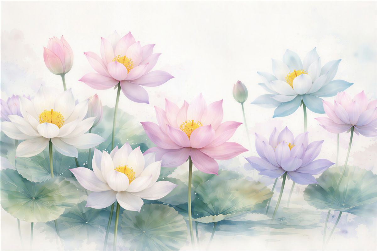 Fototapeten Pastellfarbene Lotusblüten über ruhigem Wasser