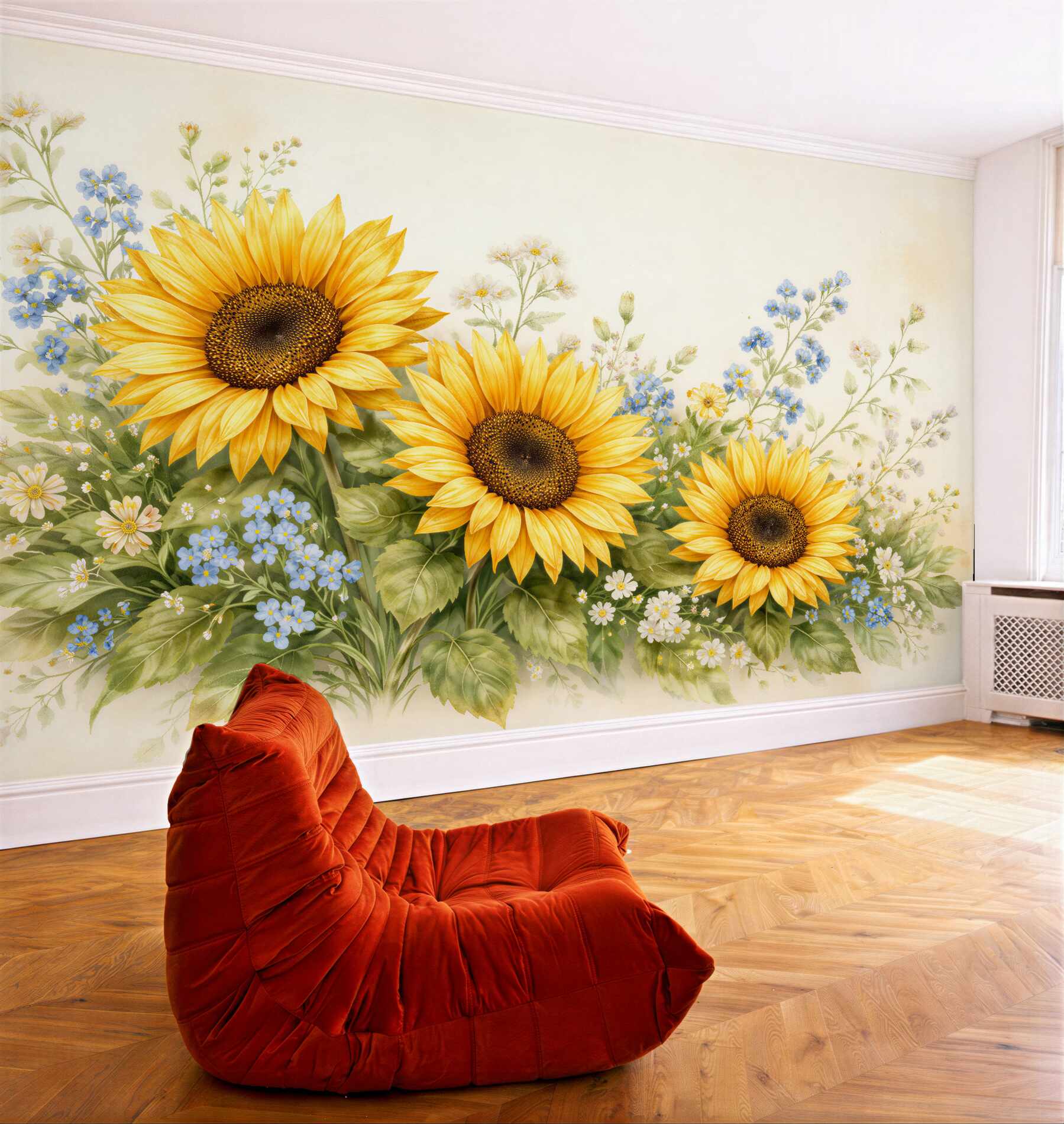 Fototapeten Sonnenblumen auf pastellfarbener Wiese