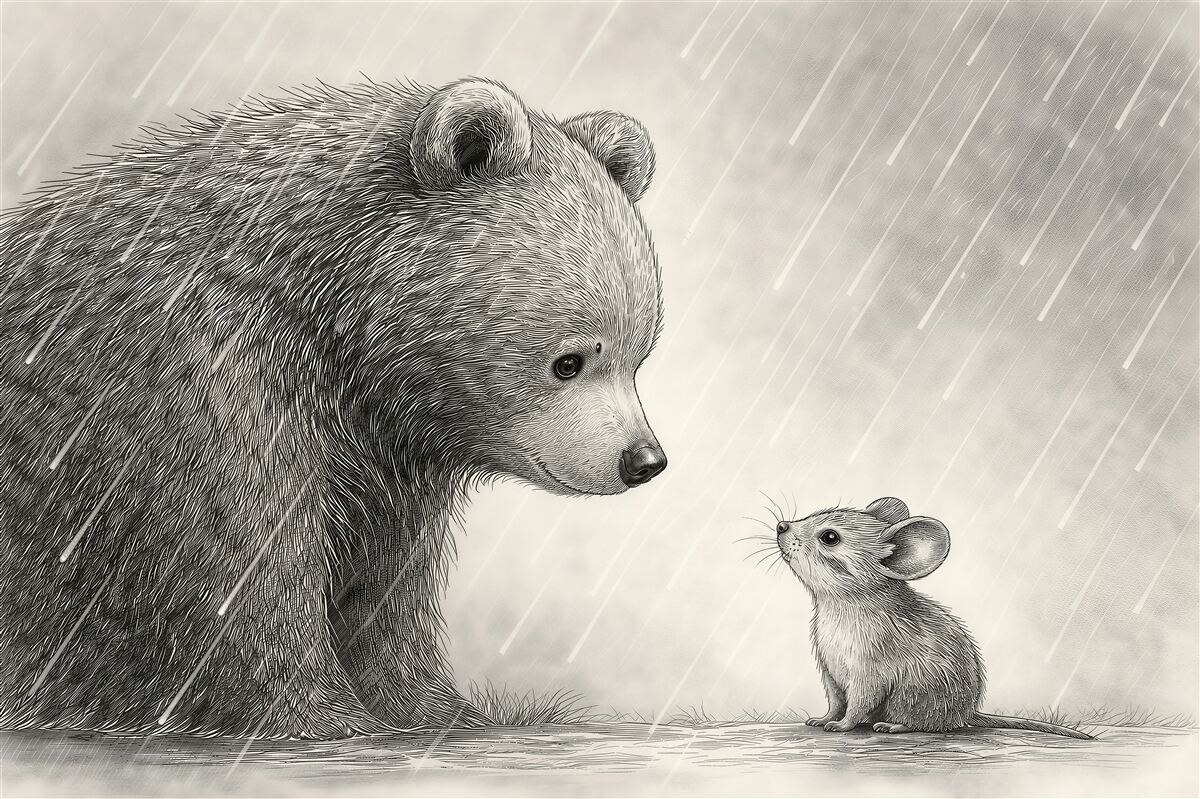 Fototapeten Bär und Maus im Regen