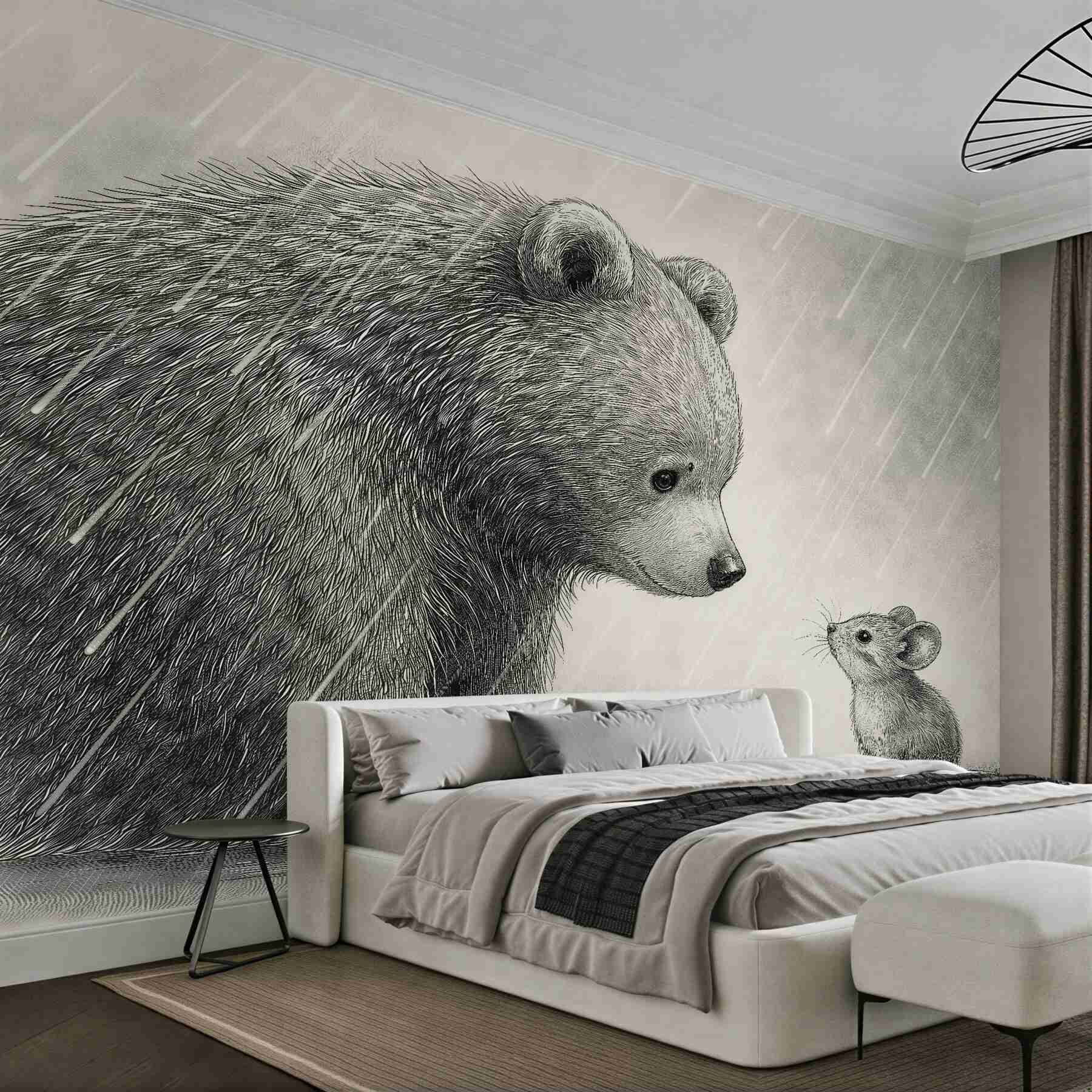 Fototapeten Bär und Maus im Regen