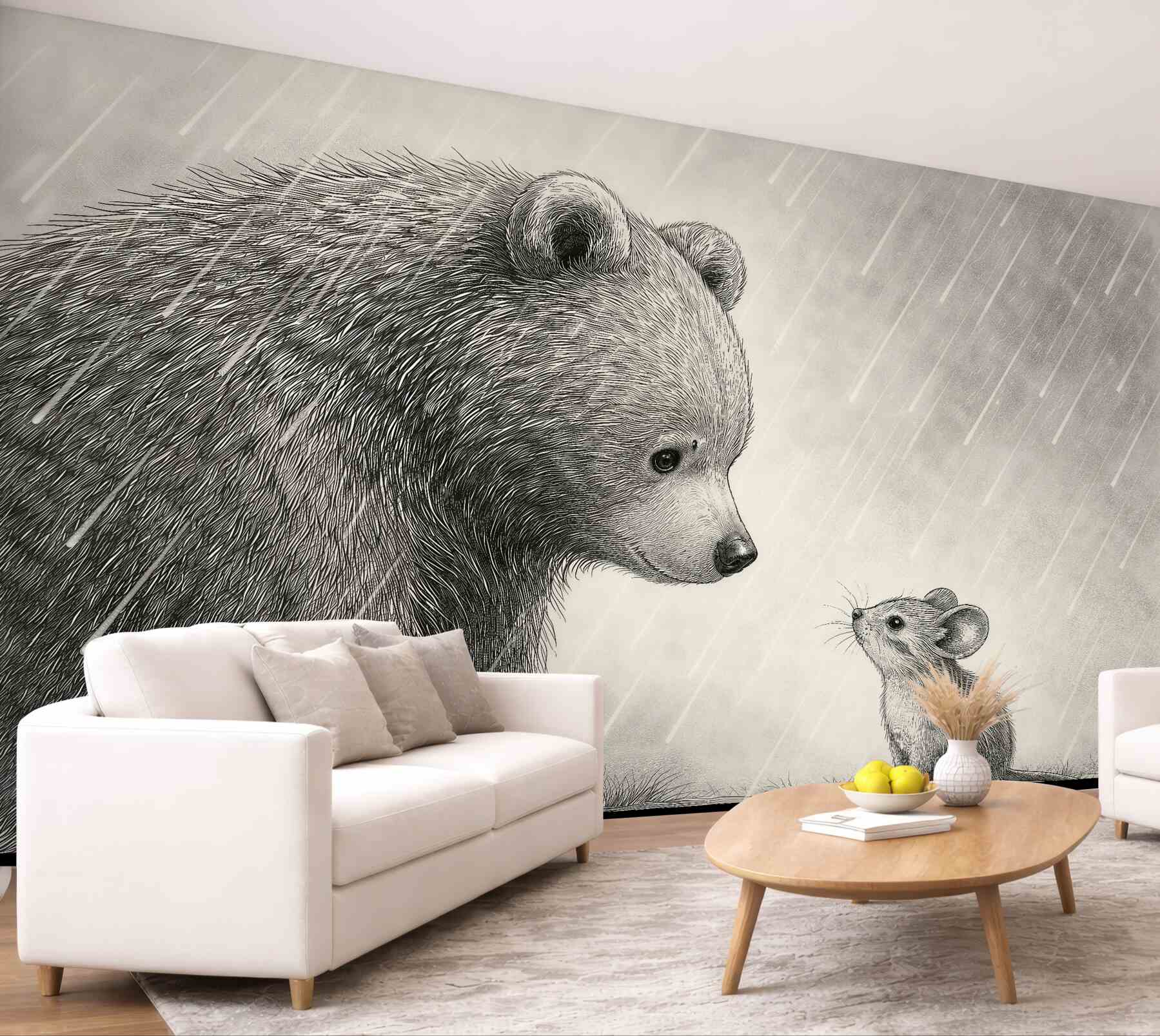 Fototapeten Bär und Maus im Regen