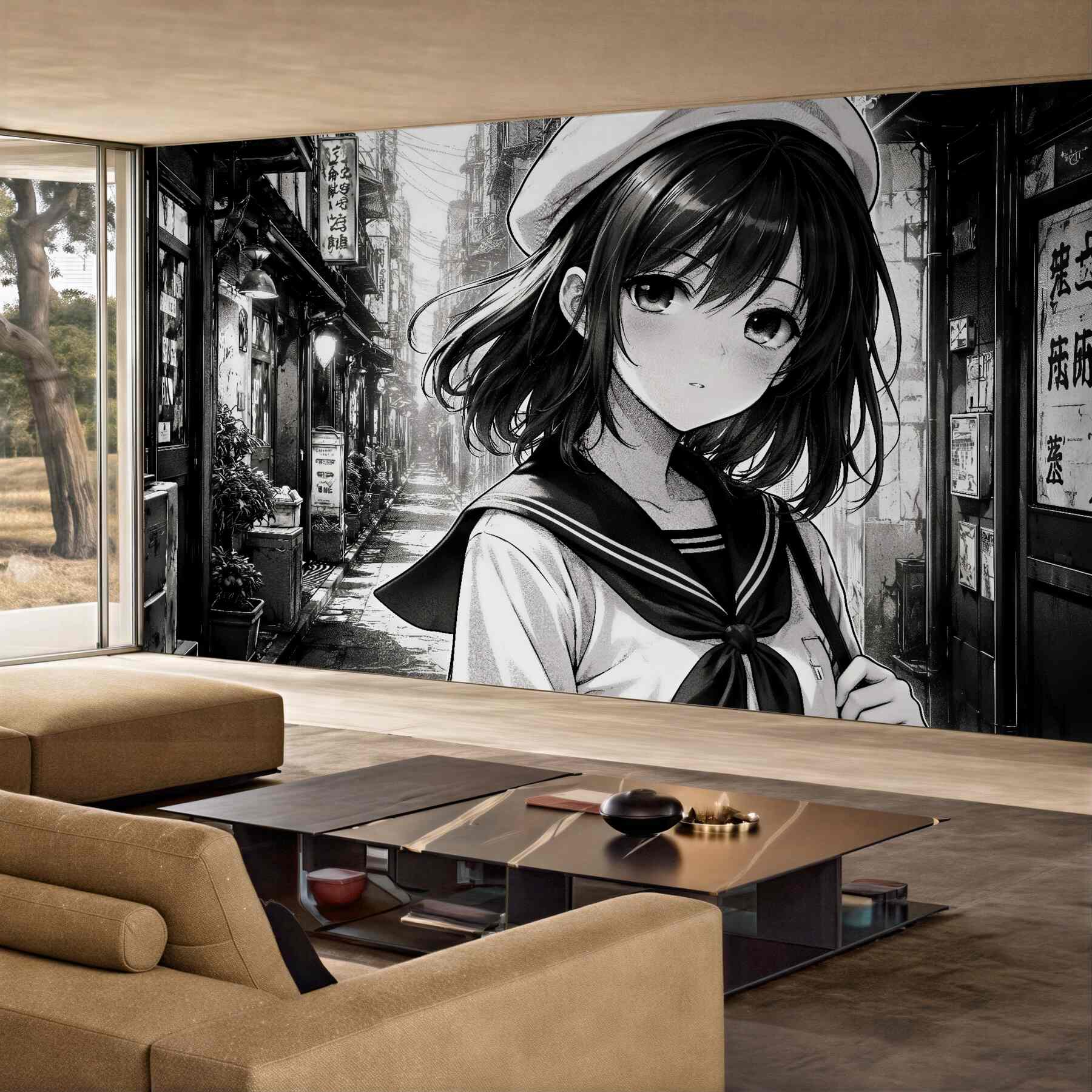 Fototapeten Manga-Mädchen in einer städtischen Gasse