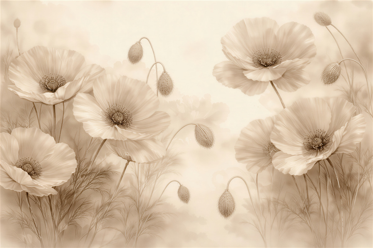 Fototapeten Beige Mohnblumen im subtilen Nebelschleier