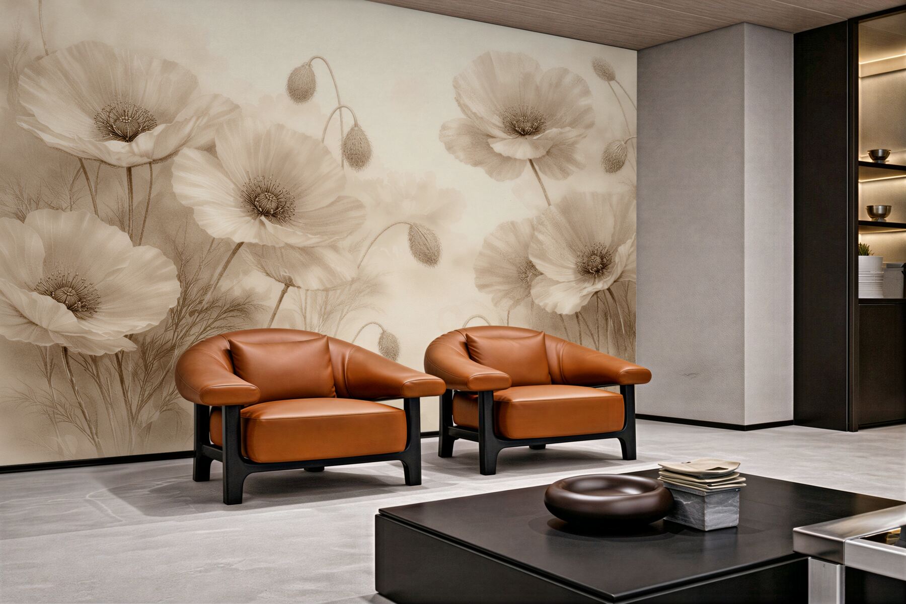 Fototapeten Beige Mohnblumen im subtilen Nebelschleier