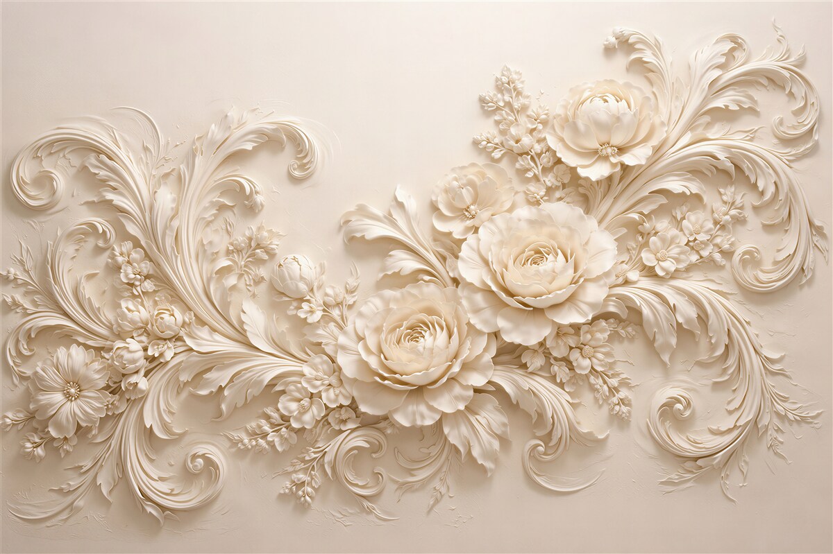 Fototapeten Cremefarbene Blumen im palastartigen Relief