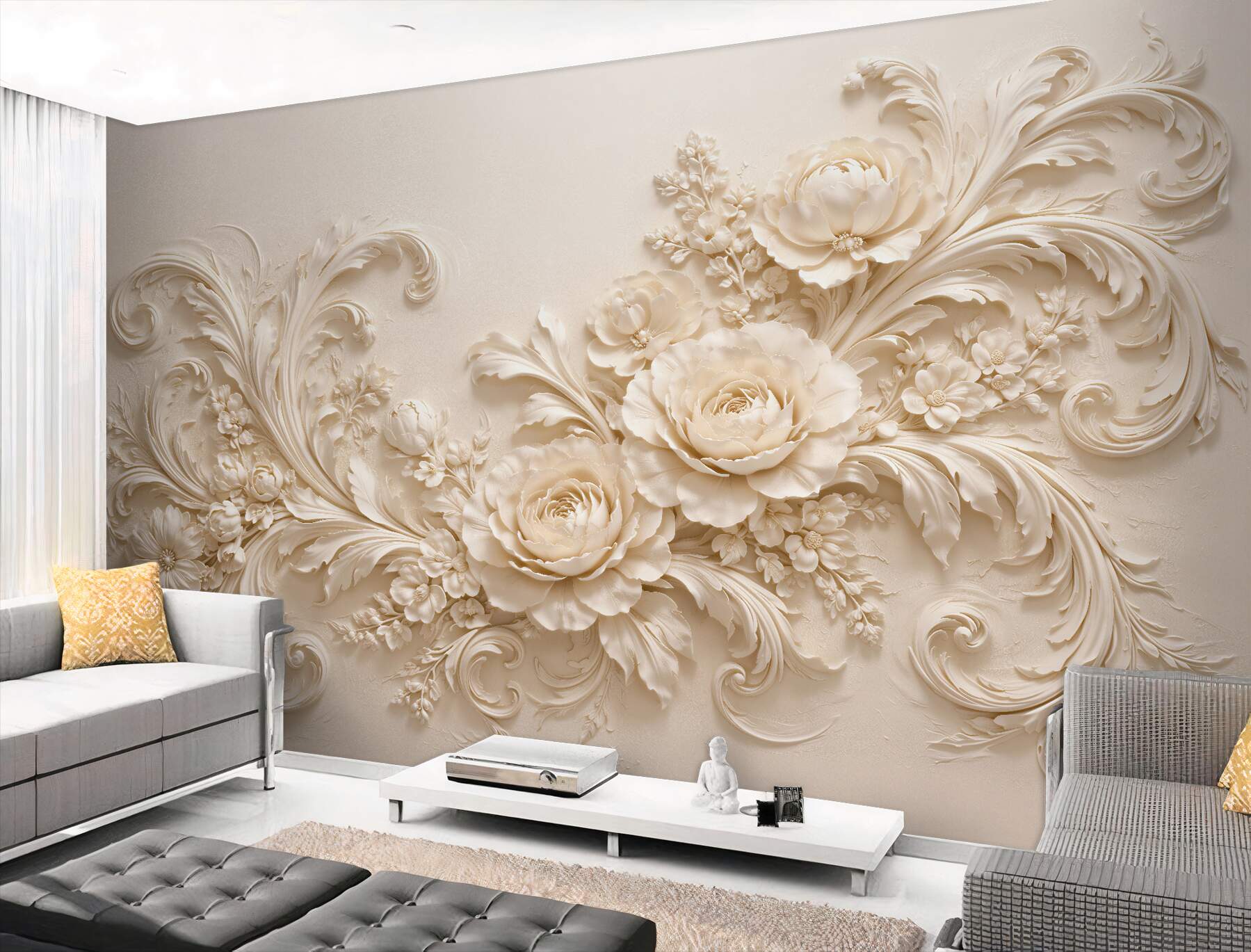 Fototapeten Cremefarbene Blumen im palastartigen Relief