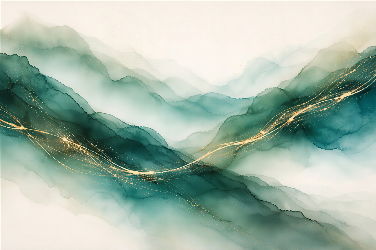 Fototapeten Smaragdgrüne Züge einer Berg-Aquarellmalerei