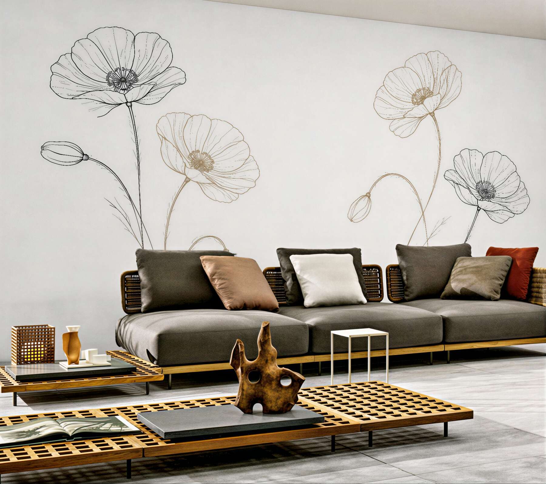 Fototapeten Zarte Mohnblumen in linearer Skizze