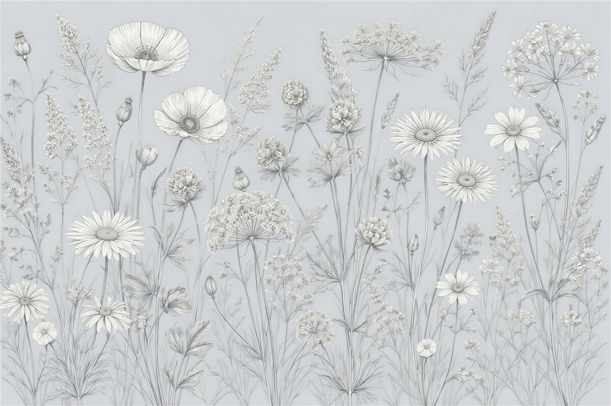 Fototapeten Blumenwiese in grauer Eleganz