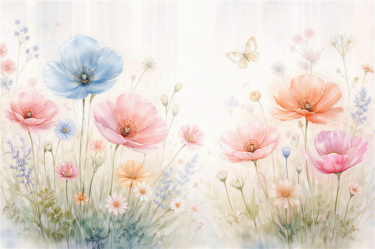 Fototapeten Pastellwiese voller Blumen