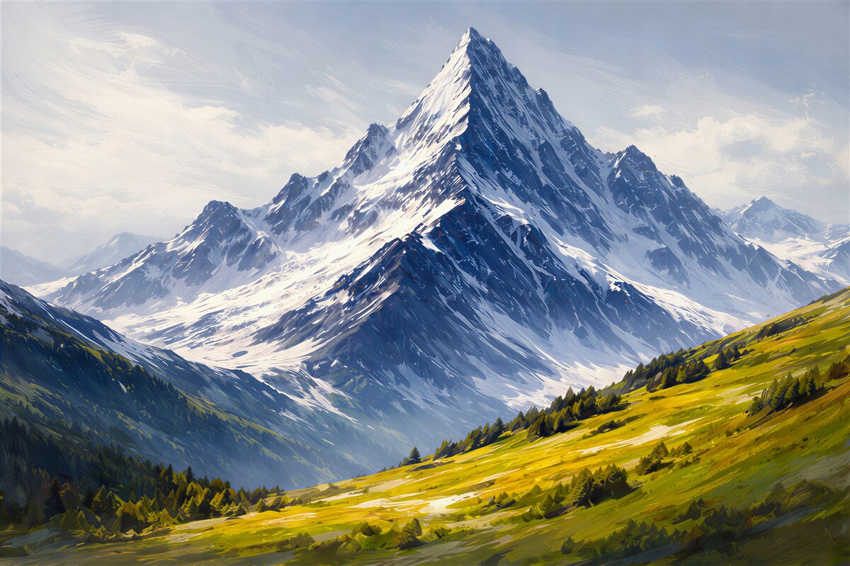 Fototapeten Alpenlandschaft mit schneebedecktem Gipfel