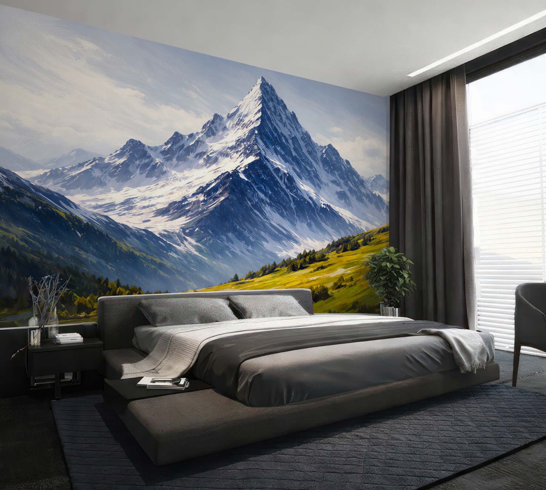 Fototapeten Alpenlandschaft mit schneebedecktem Gipfel