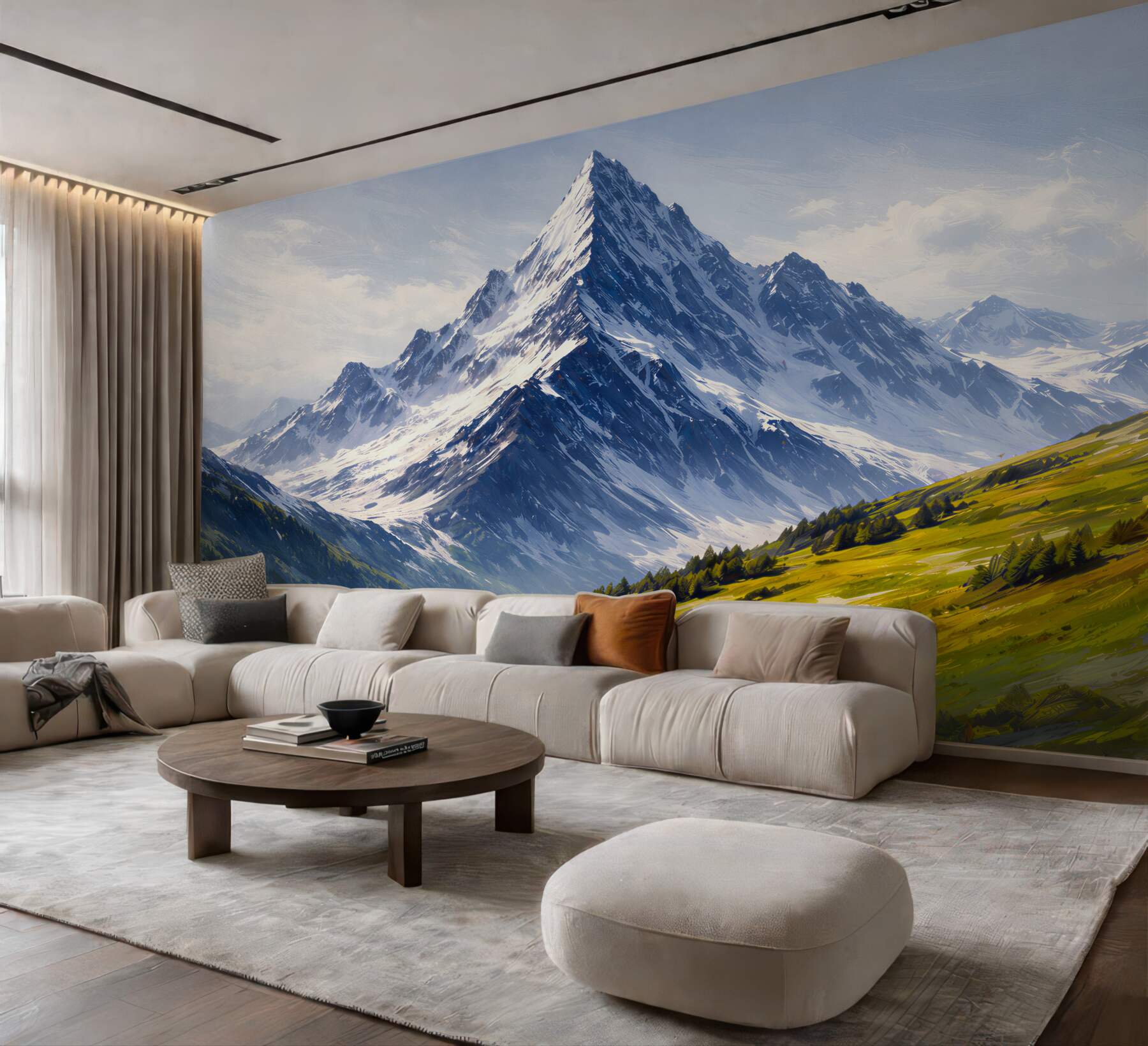 Fototapeten Alpenlandschaft mit schneebedecktem Gipfel