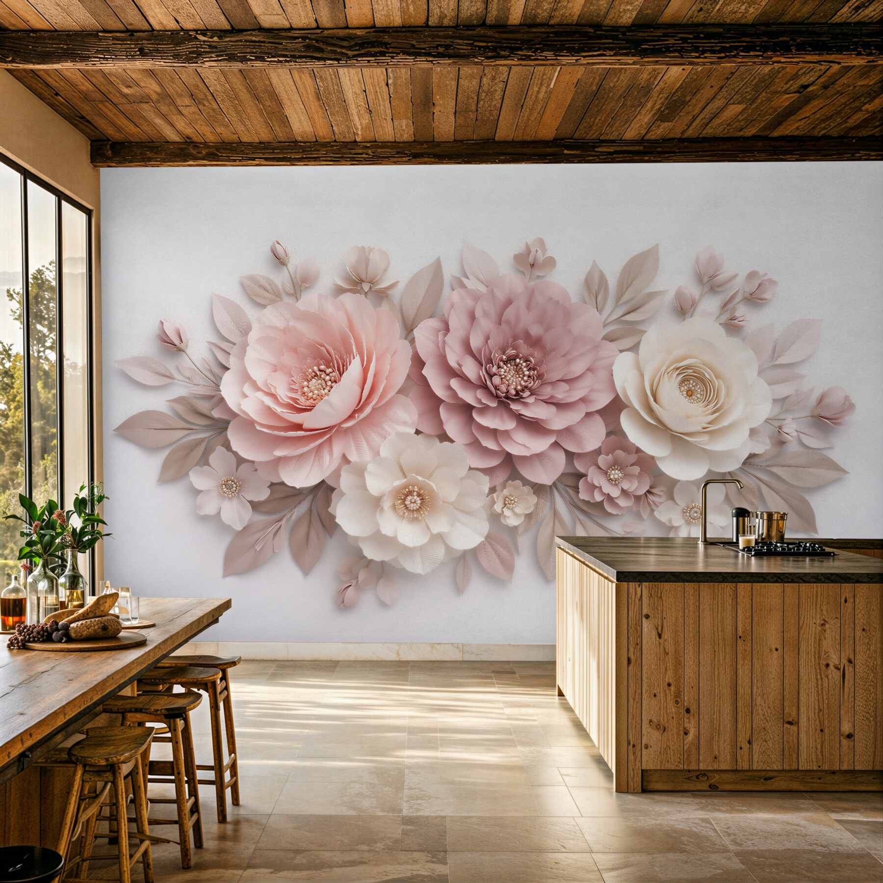 Fototapeten Puderfarbene Blumen 3D Eleganz