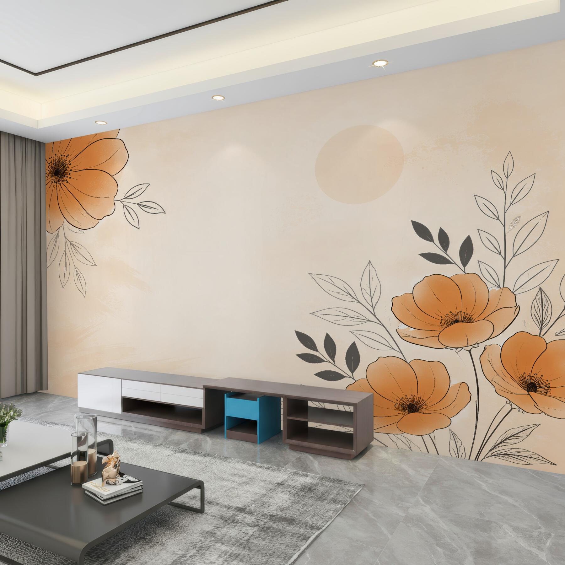 Fototapeten Orangefarbene Mohnblumen minimalistisch