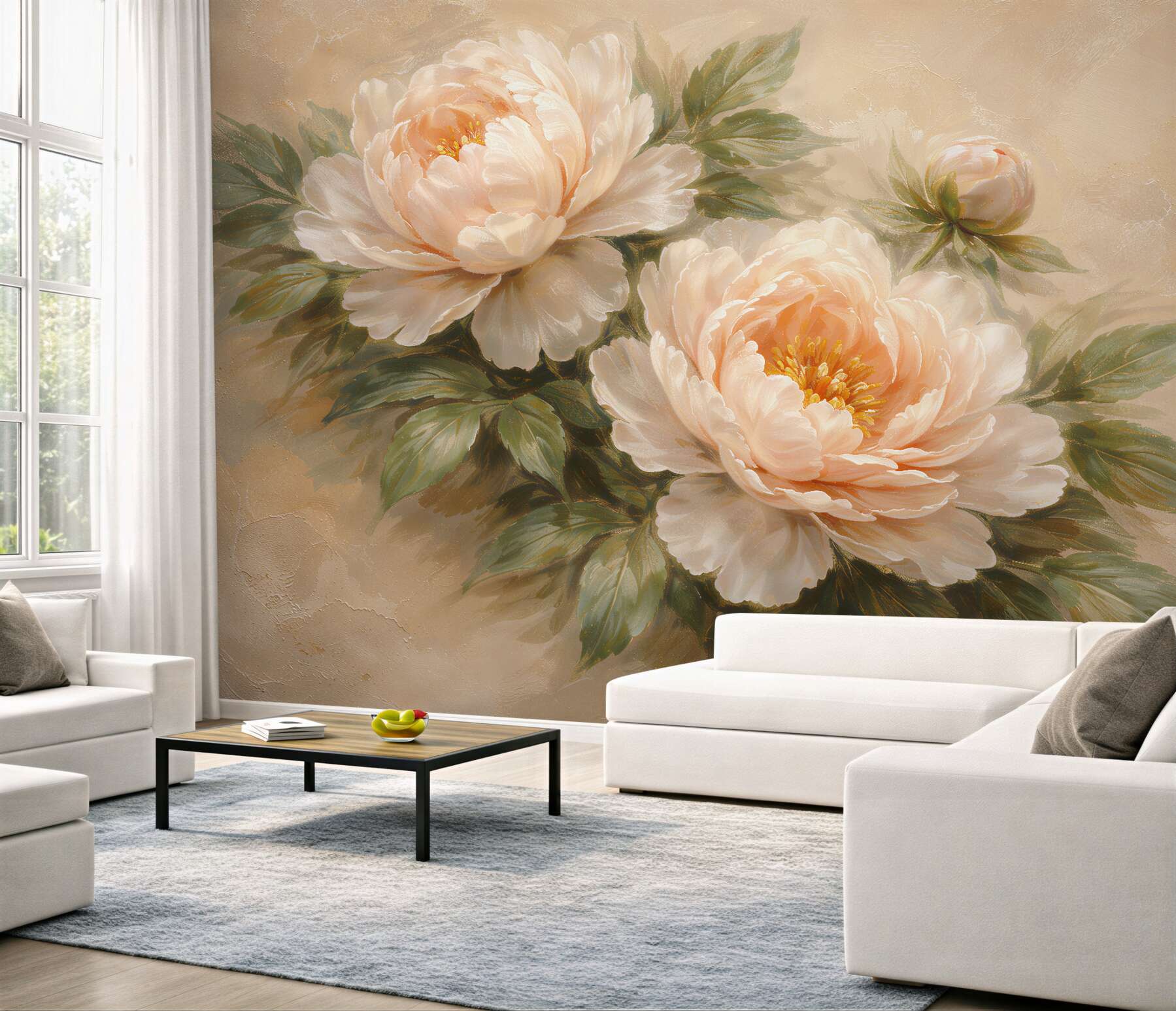 Fototapeten Cremefarbene Pfingstrosen im eleganten Stil