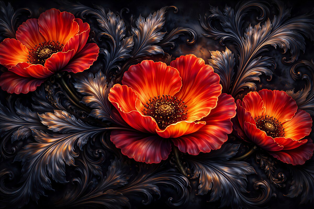 Fototapeten Feurige Mohnblumen im dunklen Stil