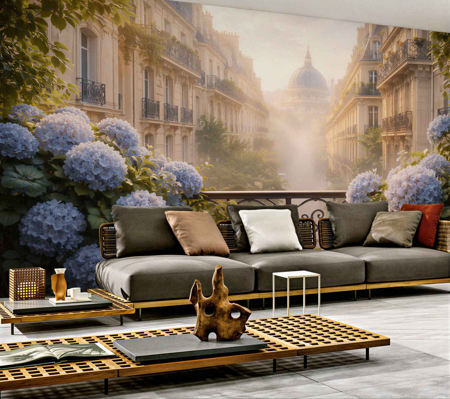 Fototapeten Pariser Balkon in Blumen bei Tagesanbruch