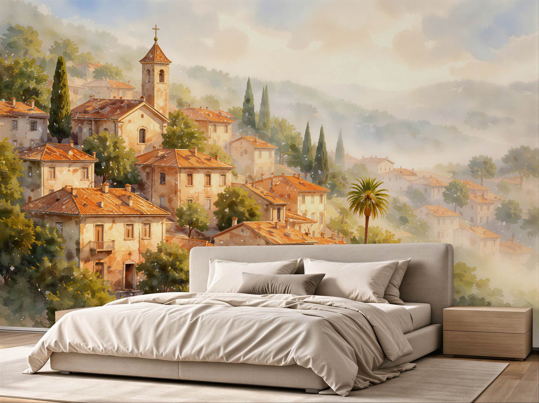 Fototapeten Sonniges Städtchen im Nebel