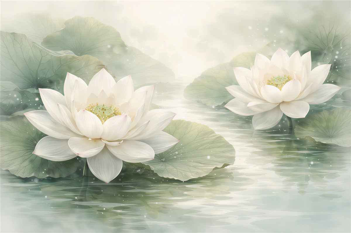 Fototapeten Lotusblumen auf ruhiger Wasseroberfläche