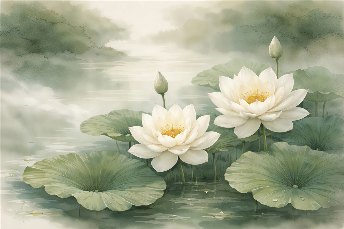 Fototapeten Weiße Lotusblumen über dem Wasser