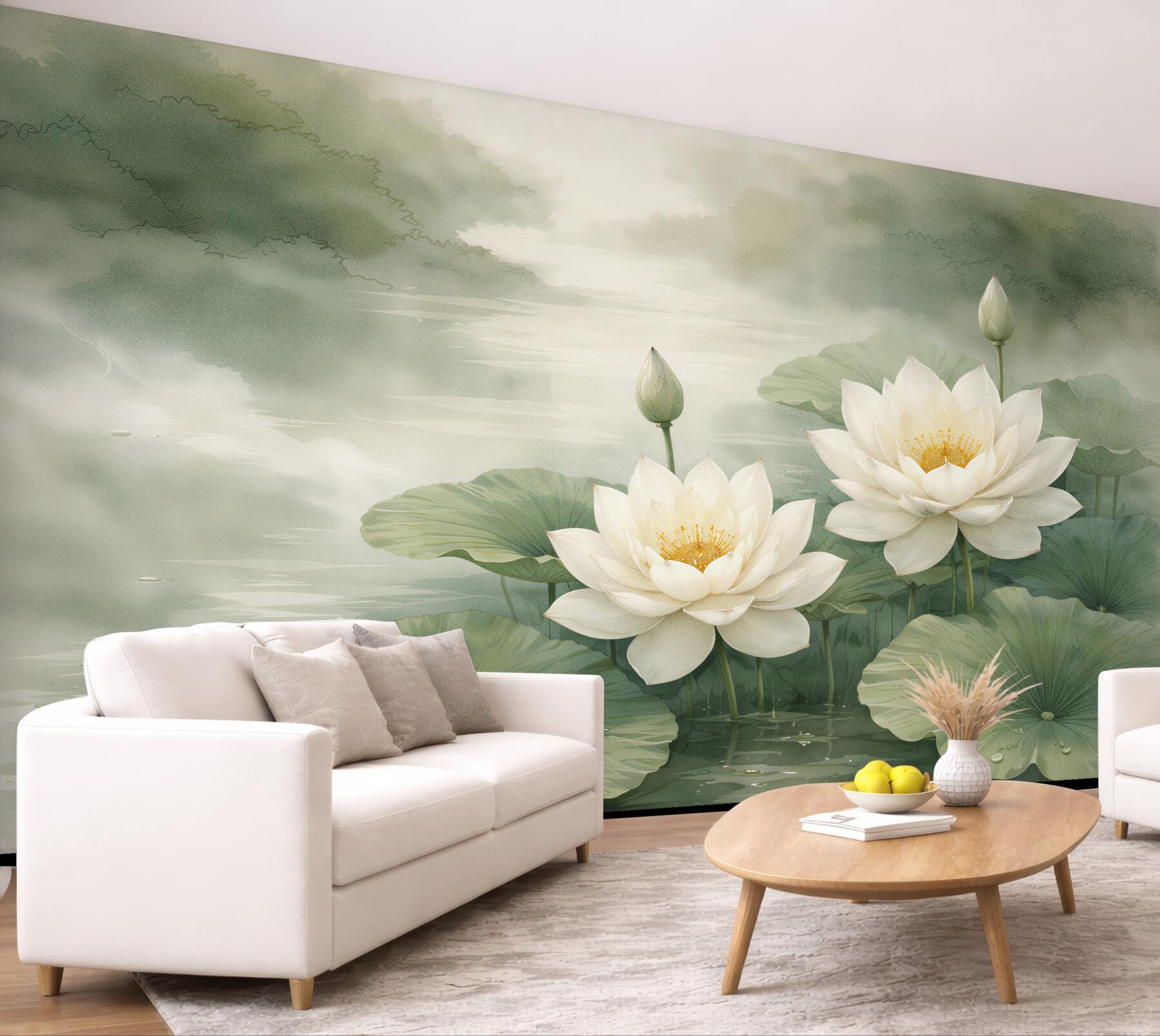 Fototapeten Weiße Lotusblumen über dem Wasser