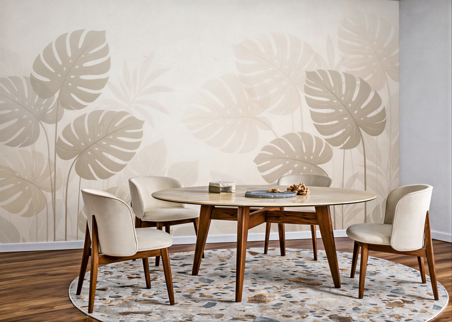 Fototapeten Beige Monstera-Blätter