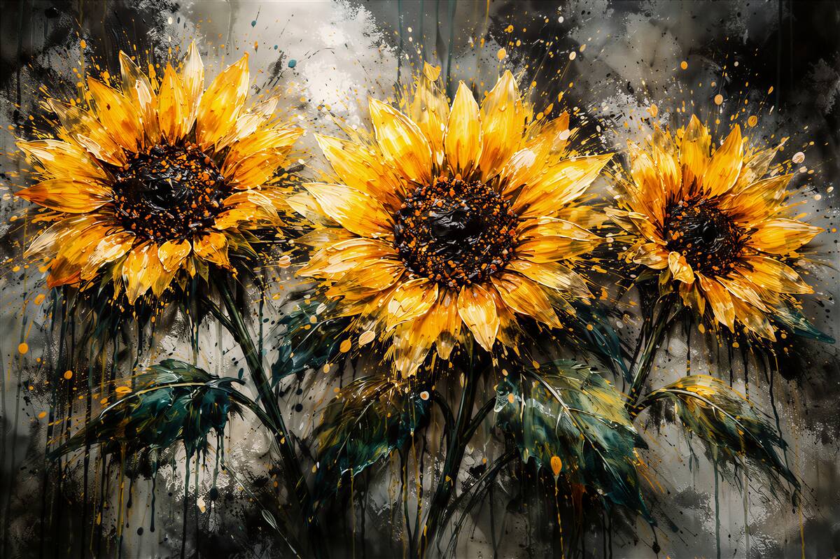 Fototapeten Sonnenblumen in künstlerischen Farbspritzern