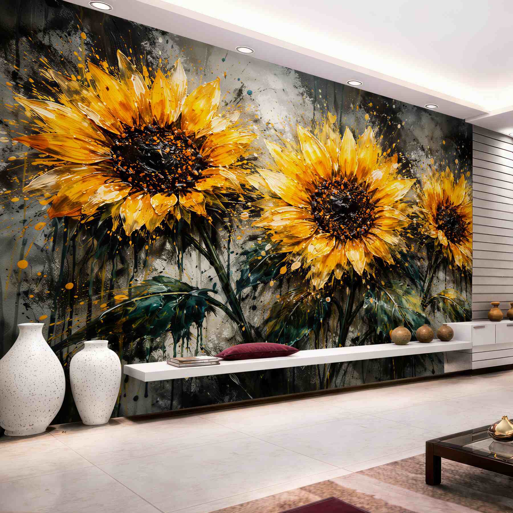 Fototapeten Sonnenblumen in künstlerischen Farbspritzern