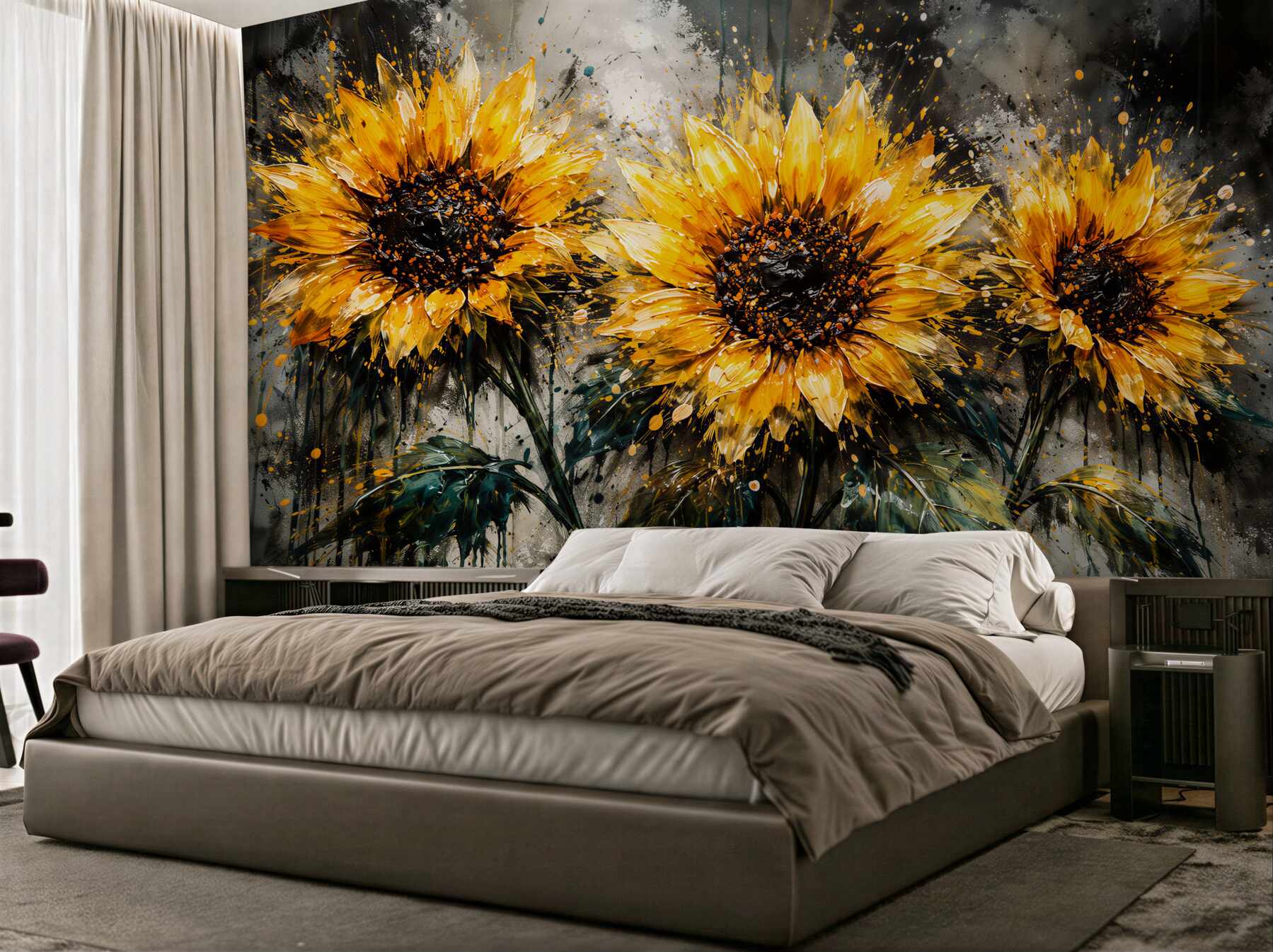 Fototapeten Sonnenblumen in künstlerischen Farbspritzern