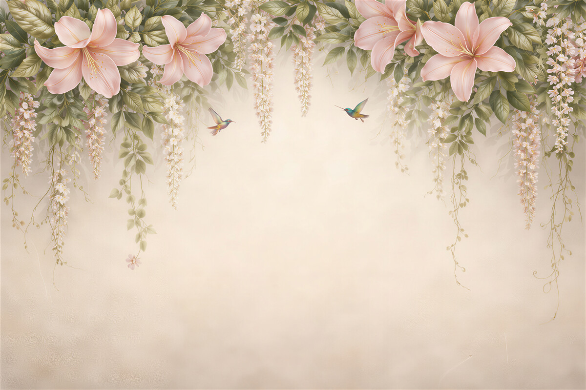 Fototapeten Romantische Lilien und Kolibris