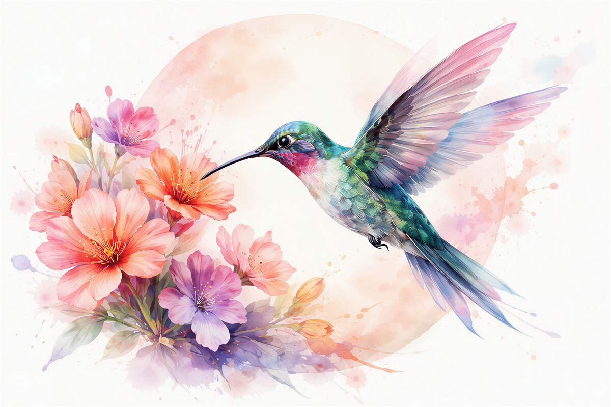 Fototapeten Aquarellkolibri zwischen Pastellblumen