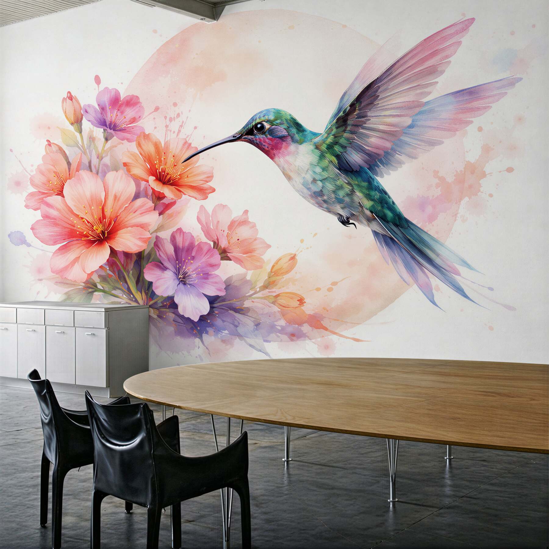 Fototapeten Aquarellkolibri zwischen Pastellblumen