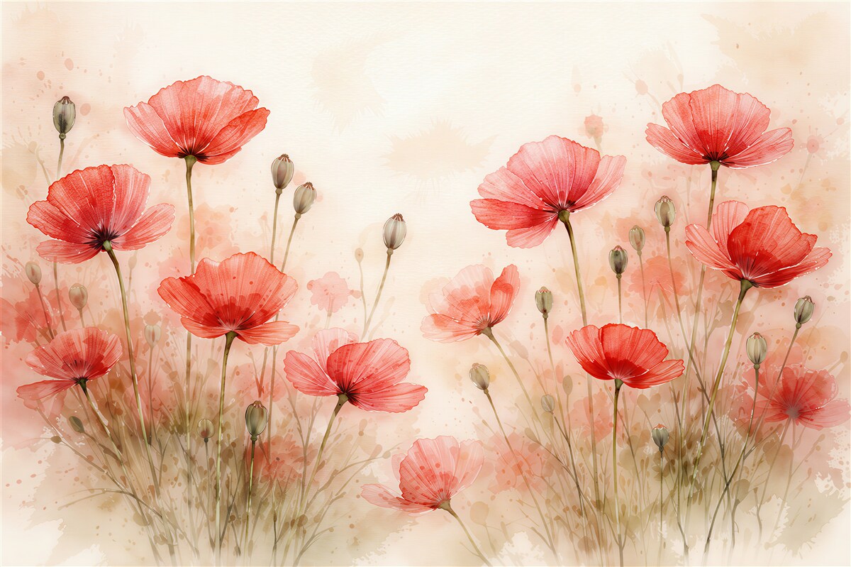 Fototapeten Aquarell-Mohnblumen im Morgengrauen
