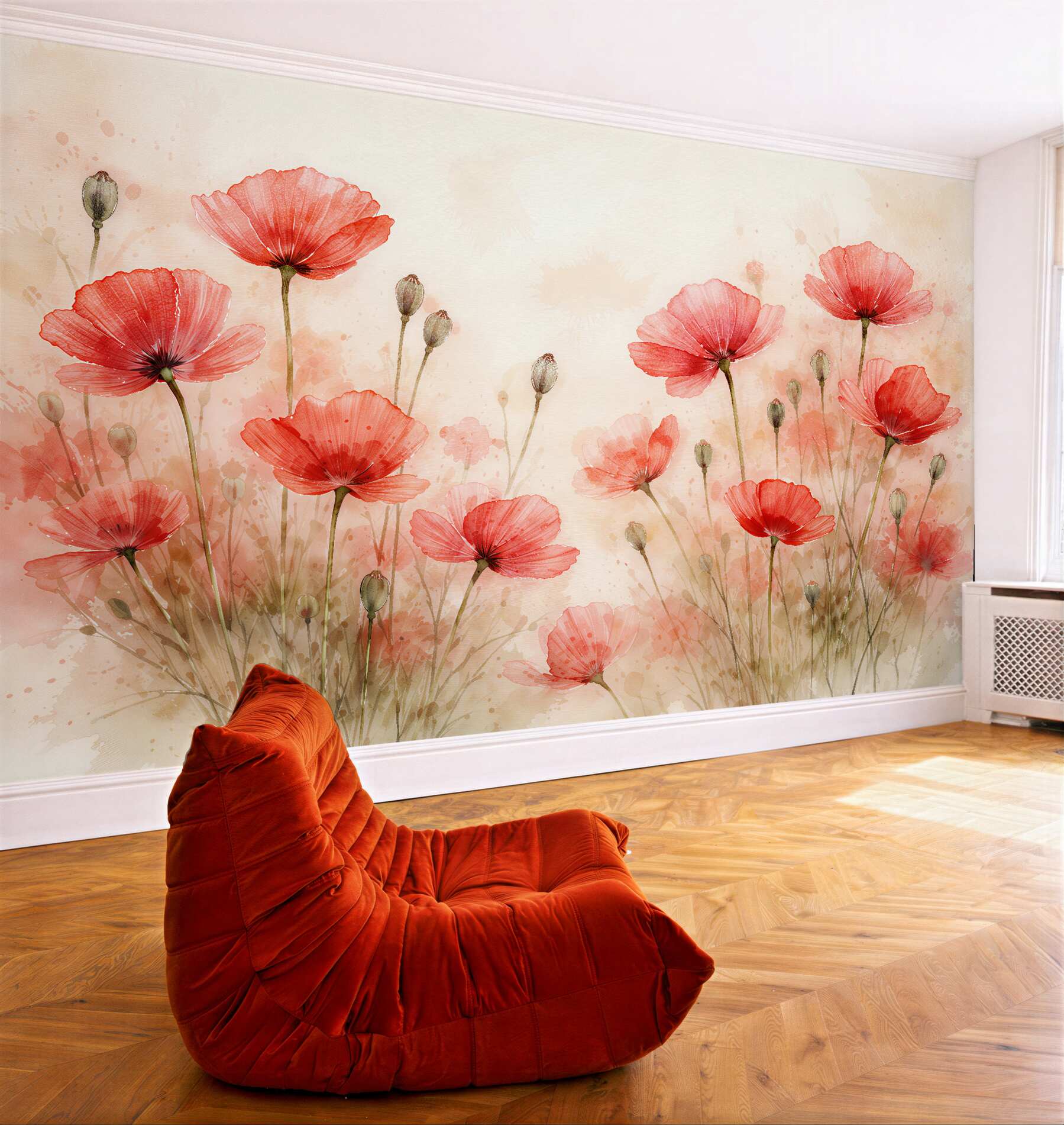 Fototapeten Aquarell-Mohnblumen im Morgengrauen