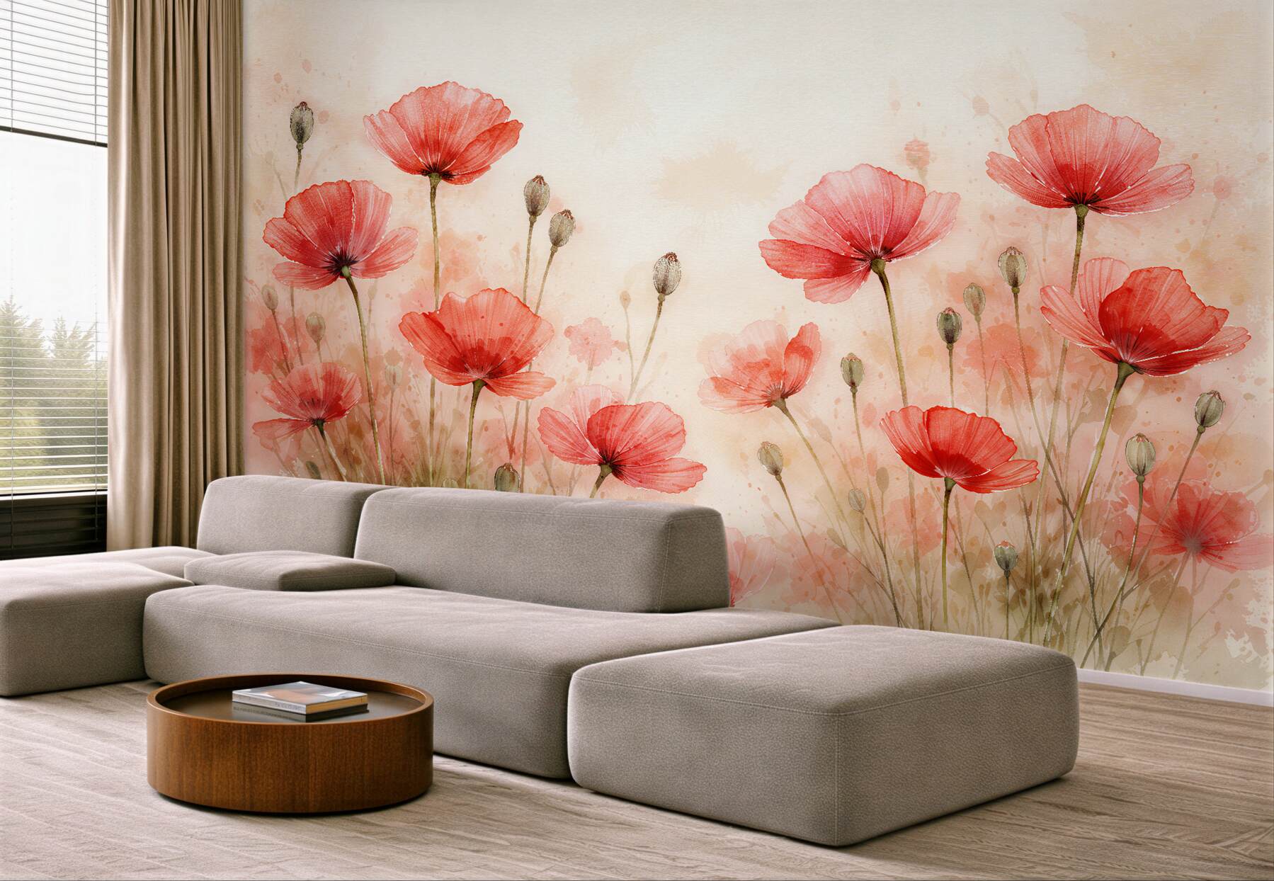 Fototapeten Aquarell-Mohnblumen im Morgengrauen