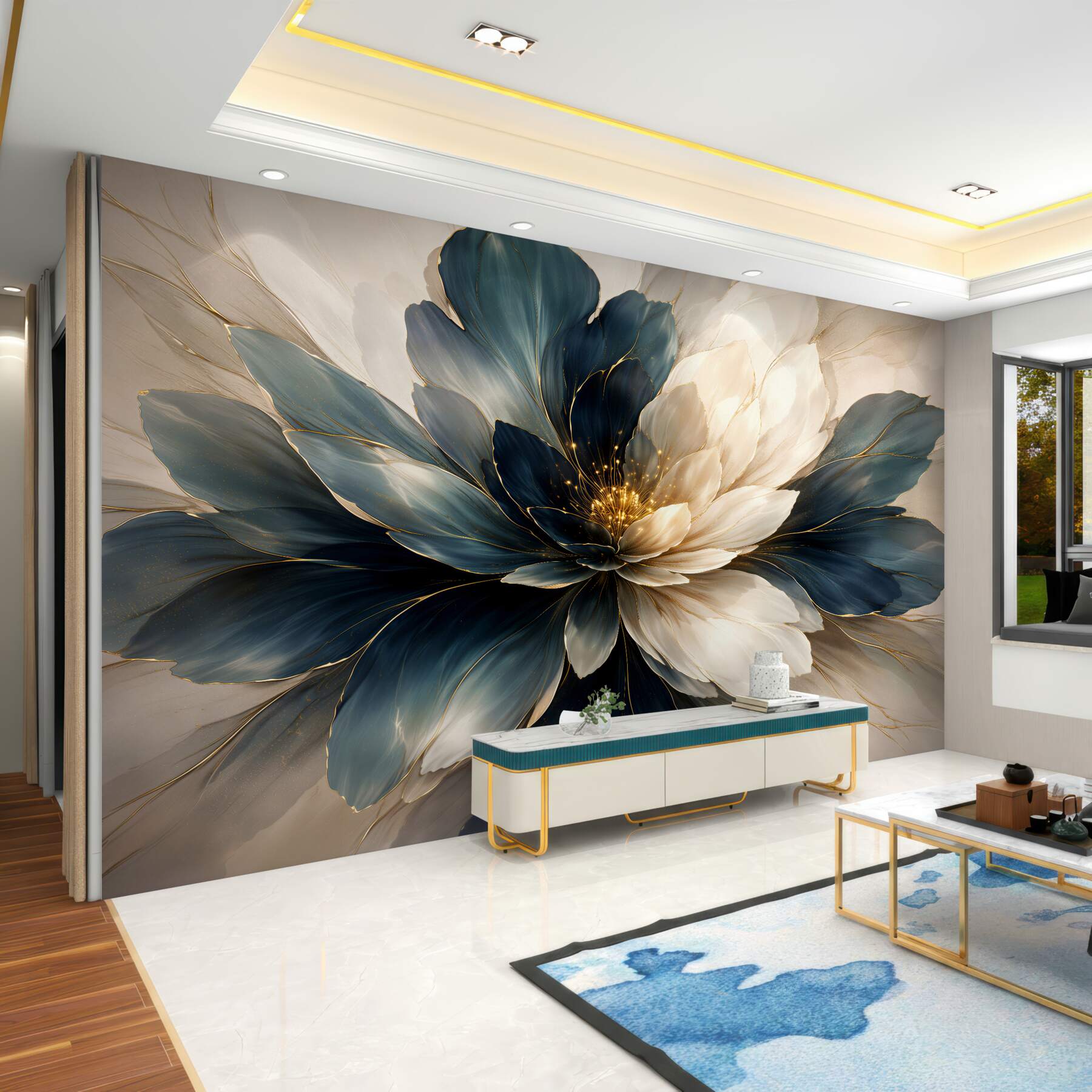 Fototapeten Dunkelblaue Blume mit goldenem Schimmer