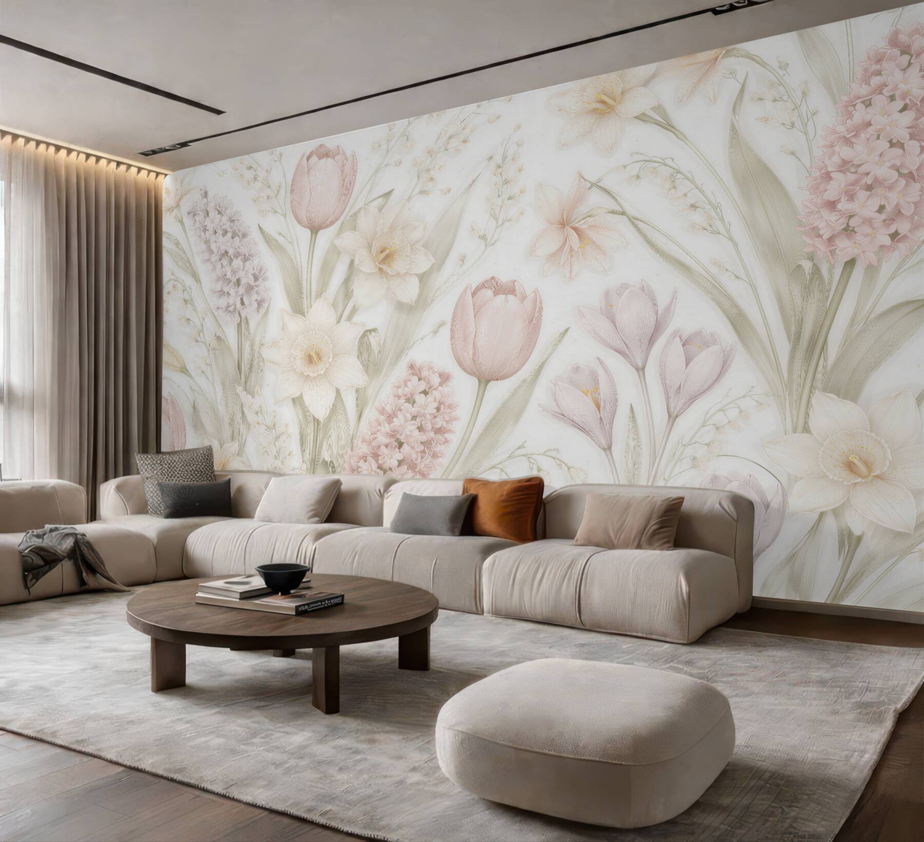 Fototapeten Puderfarbene Blumenwiese