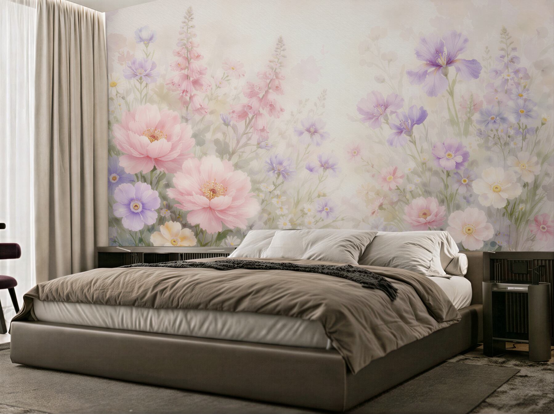 Fototapeten Pastellfarbene Blumenwiese in Aquarell
