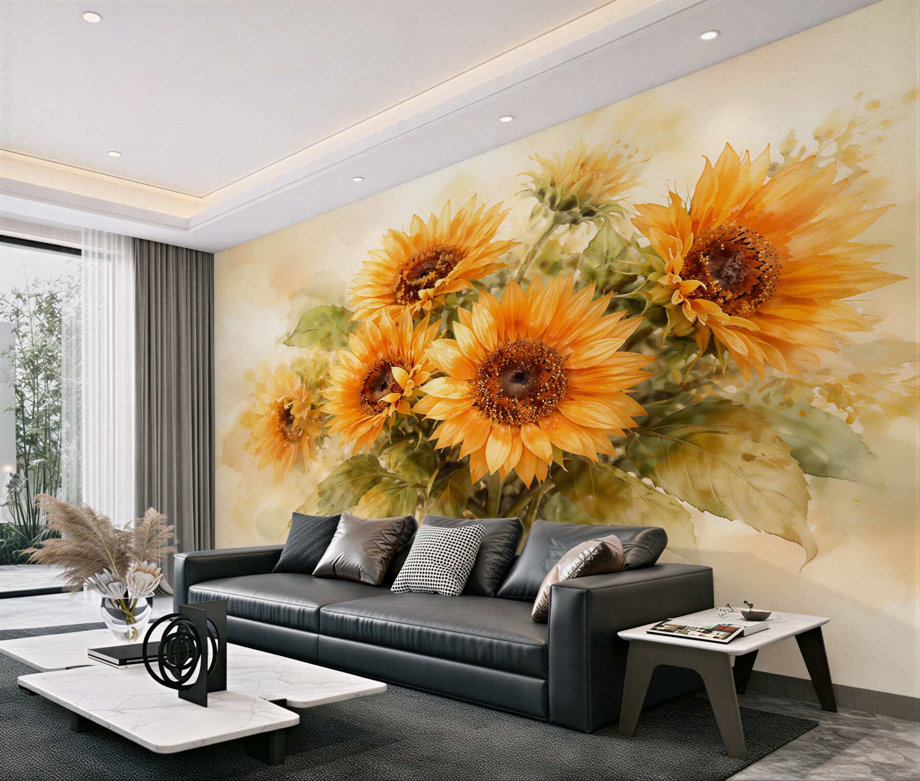 Fototapeten Sonnenblumen in einem Aquarellstrauß