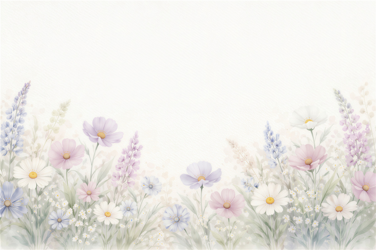 Fototapeten Zarte Wiese mit pastellfarbenen Blumen