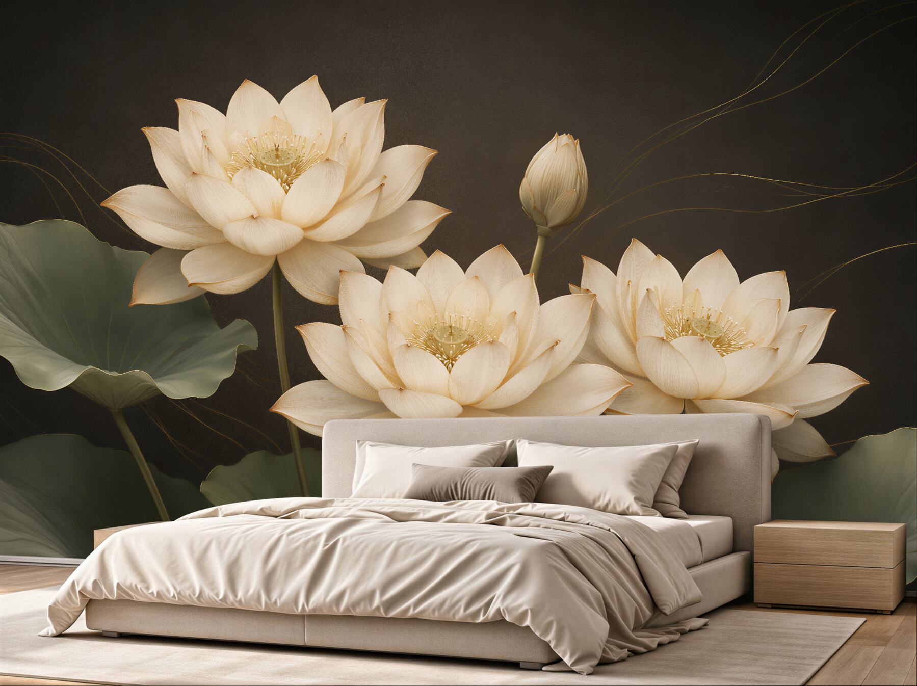 Fototapeten Cremefarbene Lotusblüten im eleganten Stil