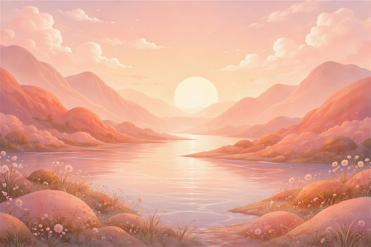 Fototapeten Rosa Sonnenaufgang über dem See