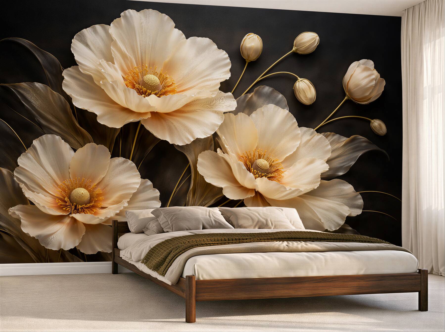 Fototapeten Goldene Blumen auf schwarzem Hintergrund