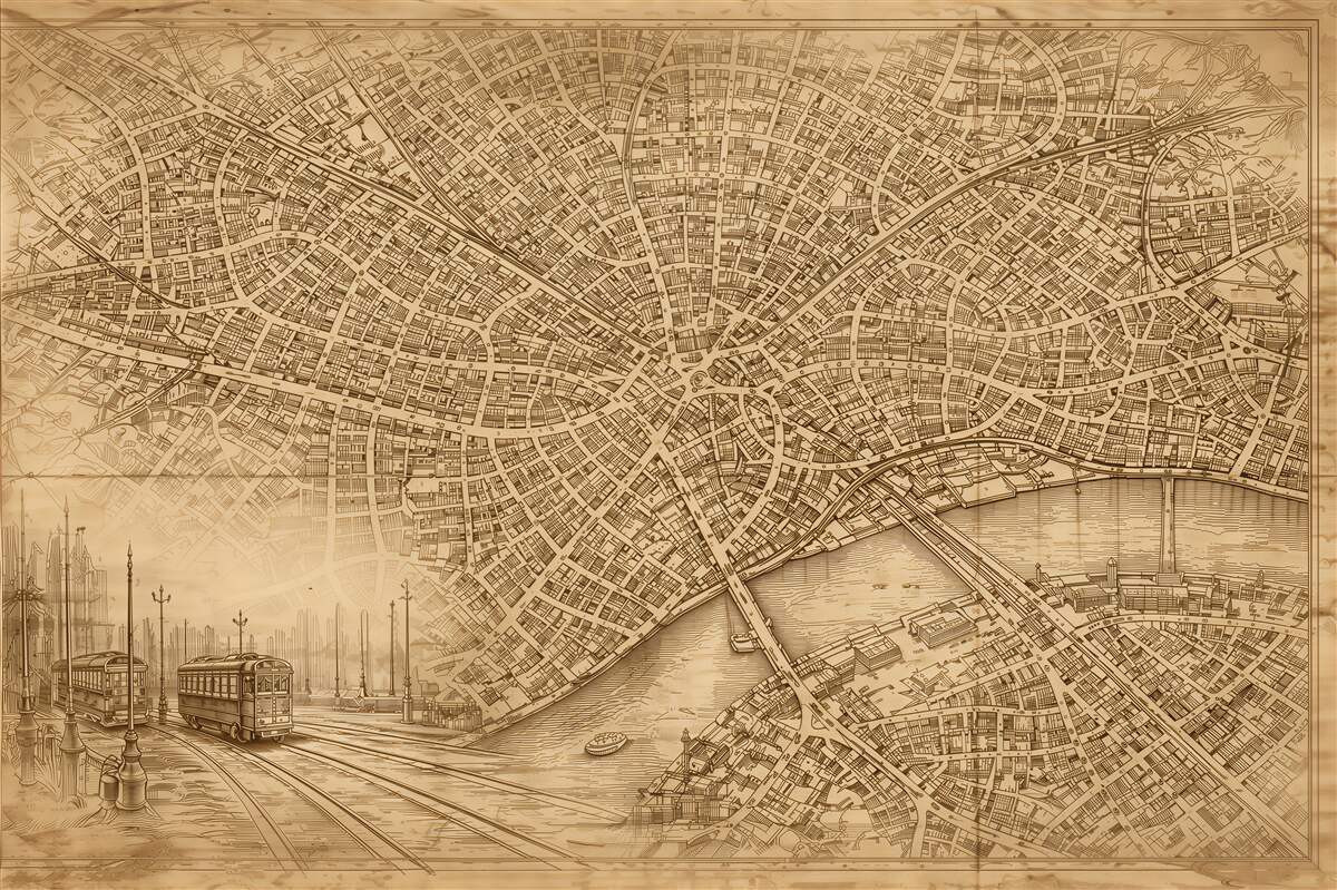 Fototapeten Stadtplan am Fluss