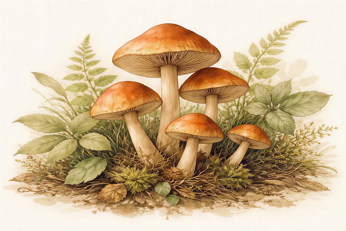 Fototapeten Waldpilze in zarter Illustration